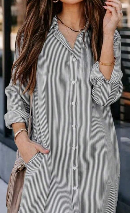 Women's Striped Classic Long Sleeve Shirt, Fitted Collared Blouse, Casual Office Shirt With Pockets Black Spring