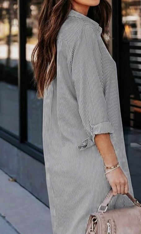 Women's Striped Classic Long Sleeve Shirt, Fitted Collared Blouse, Casual Office Shirt With Pockets Black Spring