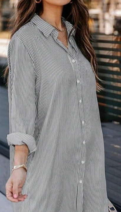 Women's Striped Classic Long Sleeve Shirt, Fitted Collared Blouse, Casual Office Shirt With Pockets Black Spring