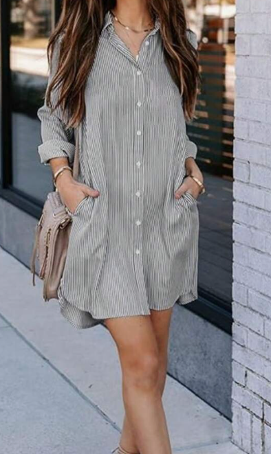 Women's Striped Classic Long Sleeve Shirt, Fitted Collared Blouse, Casual Office Shirt With Pockets Black Spring
