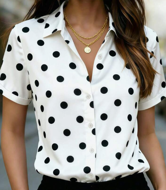 Women's Short Sleeve Contrast Polka Dot Print Collared Shirt - Fashionable Casual Business Commute Office Home Daily Wear, Spring/Summer Vacation