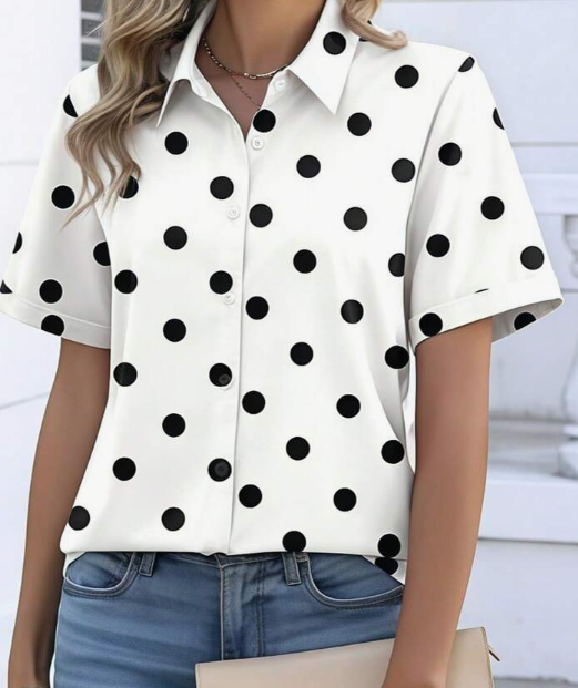 Women's Short Sleeve Contrast Polka Dot Print Collared Shirt - Fashionable Casual Business Commute Office Home Daily Wear, Spring/Summer Vacation