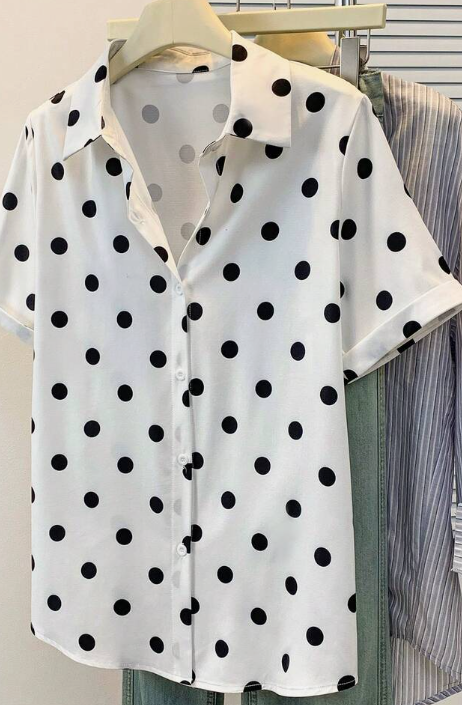 Women's Short Sleeve Contrast Polka Dot Print Collared Shirt - Fashionable Casual Business Commute Office Home Daily Wear, Spring/Summer Vacation