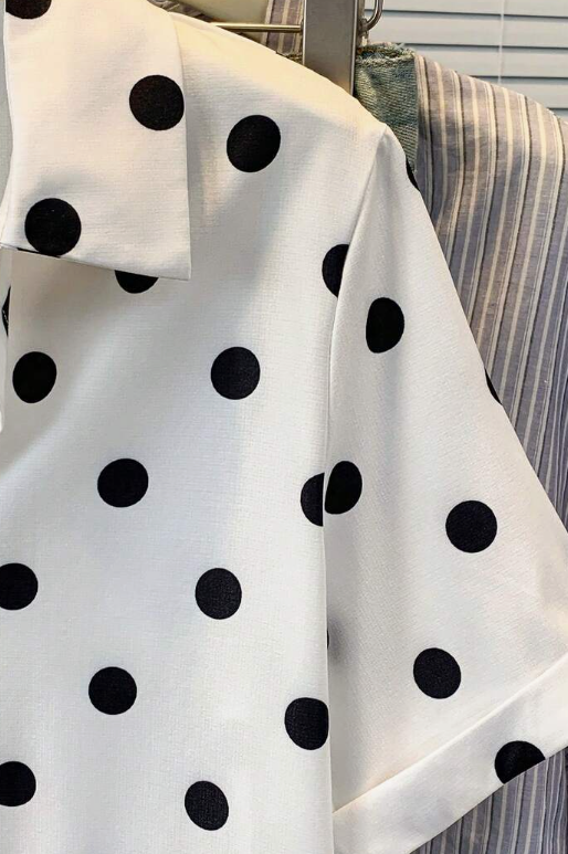 Women's Short Sleeve Contrast Polka Dot Print Collared Shirt - Fashionable Casual Business Commute Office Home Daily Wear, Spring/Summer Vacation