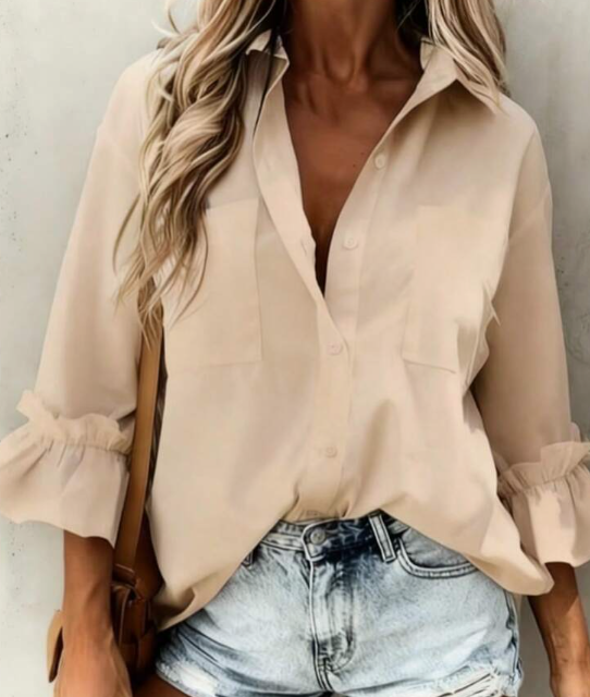 Casual Minimalist Charming Fashion 3/4 Sleeve Button Collar Shirt, Minimalist 3/4 Sleeve Ruffle Cuff Blouse, Women Spring