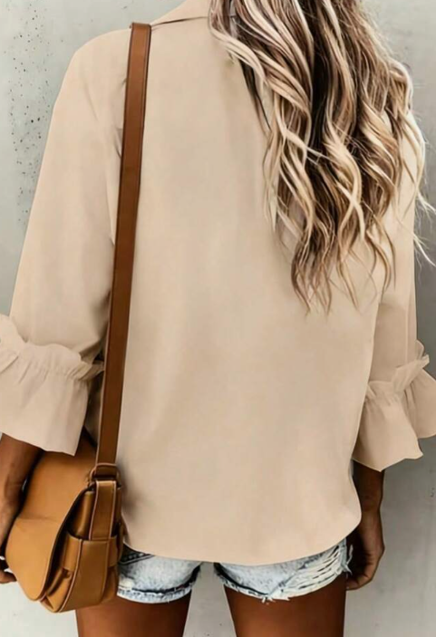 Casual Minimalist Charming Fashion 3/4 Sleeve Button Collar Shirt, Minimalist 3/4 Sleeve Ruffle Cuff Blouse, Women Spring