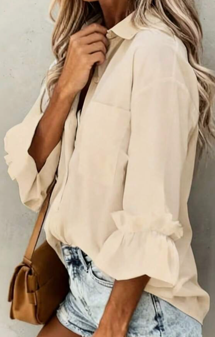 Casual Minimalist Charming Fashion 3/4 Sleeve Button Collar Shirt, Minimalist 3/4 Sleeve Ruffle Cuff Blouse, Women Spring